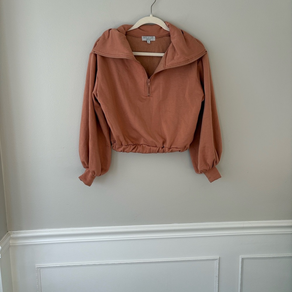 Warm & Cozy Lifestyle Cropped Quarter Zip Rust/Tan Long Sleeve Sweatshirt